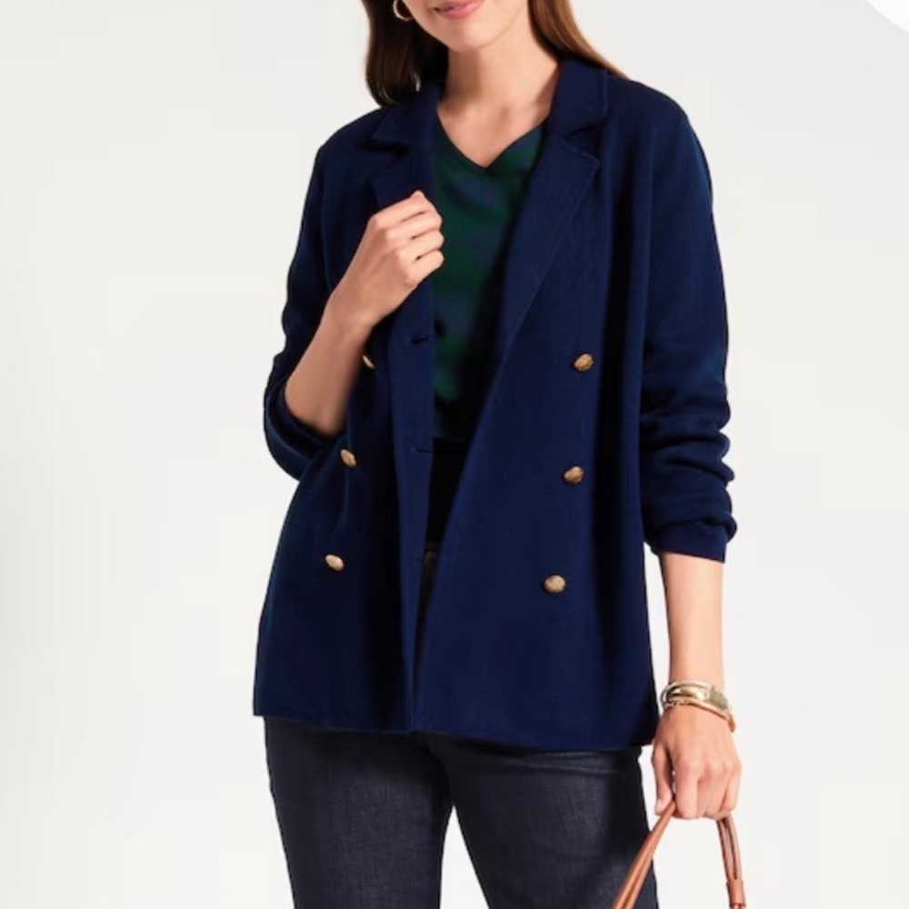 NWT J. Jill Wearever Navy Double-Breasted Sweater Blazer XL Gold Crest Buttons